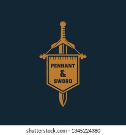 Pennant and Sword Abstract Vector Sign, Symbol or Logo Template. Vintage Emblem with Shabby Textures and Retro Typography. Isolated.