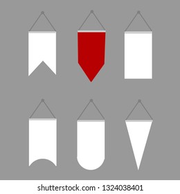 Pennant Template Hanging on Wall Set.Random empty pennants flags poster mockup, vector, illustration