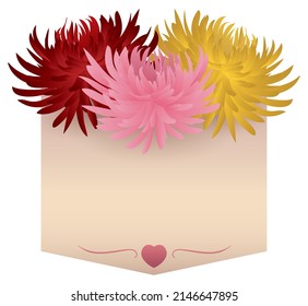 Pennant template with scroll texture, tiny pink heart decoration and beautiful chrysanths: red, pink and yellow colored.