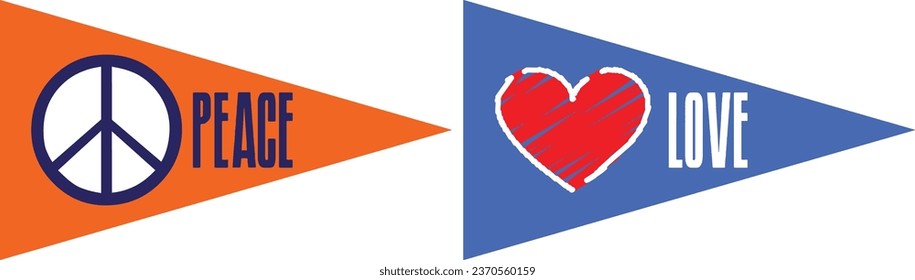 Pennant, triangular flags, interiors. Peace and love color design.