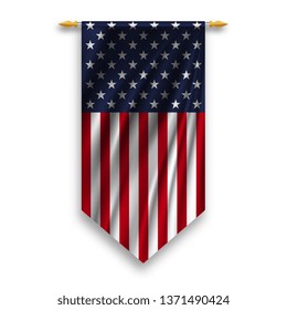 Pennant USA flag on silver rod on white background. Vector illustration.