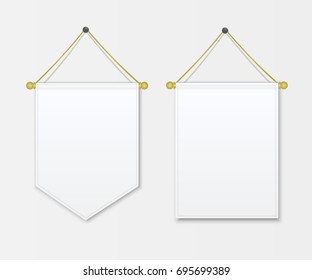 Pennant white blank hanging on the wall. Poster mockup