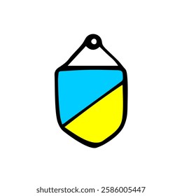 
Pennant yellow-blue attached to a nail and firmly held by a rope. On a white isolated background