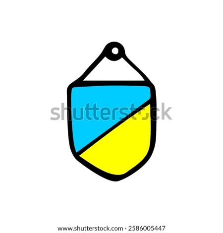 
Pennant yellow-blue attached to a nail and firmly held by a rope. On a white isolated background