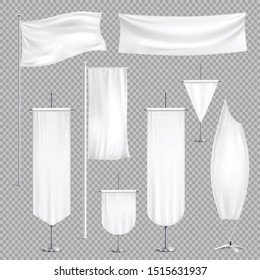 Pennants banners flags realistic set on transparent background with various shapes mockups and empty colour cloth vector illustration