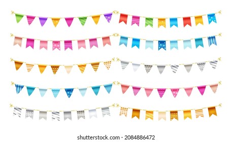 Pennants birthday banner vector set. Birth day pennant decoration with colors and patterns hanging flag object for festive occasion and event celebration collection design. Vector illustration.
