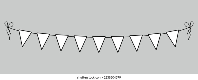 pennants, bunting garland, string of triangular flags, black line simple decorative illustration, retro style, festive decorations