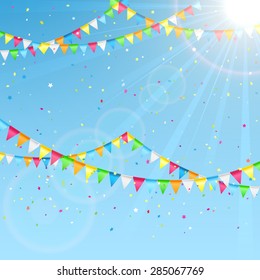 Pennants and colorful confetti on a sky background, illustration.