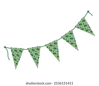 Banderines con patrón de trébol de cuatro hojas en una cuerda en verde de moda. Elemento de saludos del Día de San Patricio