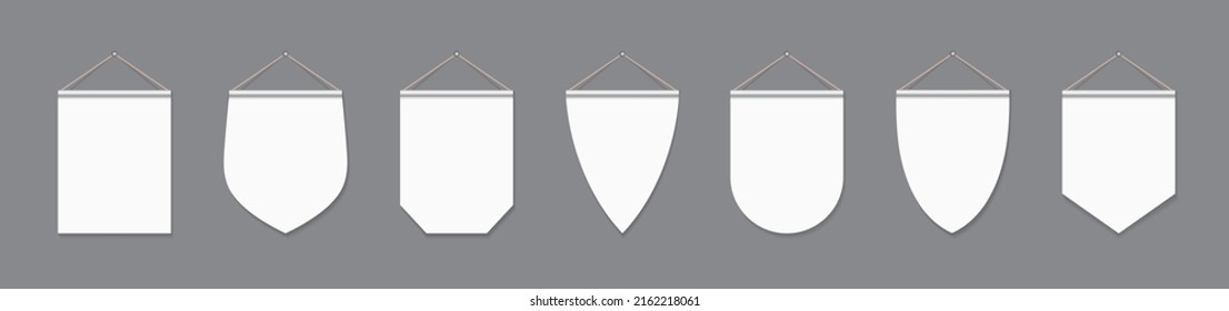 Pennants. White pennants and flags with rope. Hanging pennant mockup. Vertical fabric banner on wall. Set of canvas pennon with string. Blank templates for advertising, award and sale. Vector.