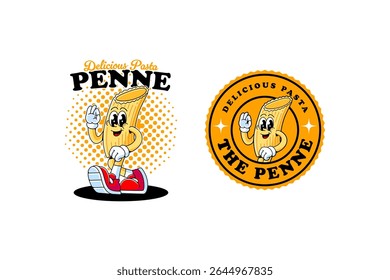 penne italiano mascote massa definido em estilo retro cartoon para alimentos e rótulo do produto, marca, embalagem ou mercadoria. penne macarrão personagem gráfico. clássico italiano penne desenho animado distintivo ilustração