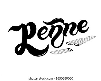 Penne. The name of the type of pasta in Italian. Hand drawn lettering. Vector illustration. Illustration is great for restaurant or cafe menu design.