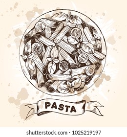 Penne pasta with cherry tomatoes and basil. Dish of Italian cuisine. Ink hand drawn Vector illustration. Top view. Food element for menu design.