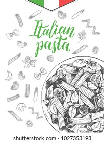 Penne pasta with cherry tomatoes and basil. Dish of Italian cuisine. Ink hand drawn background with brush calligraphy style lettering. Vector illustration. Top view. Food elements collection.