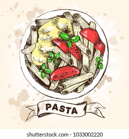 Penne pasta with cherry tomatoes and basil. Dish of Italian cuisine. Ink hand drawn Vector illustration. Top view. Food element for menu design.