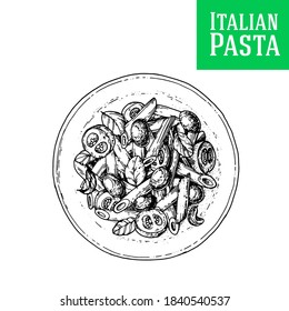 Penne pasta dish vector illustration. Italian cuisine. Pasta dish. Hand drawn sketch illustration. Italian food. Top view.