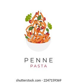 Illustration von Penne Pasta mit frischem Gemüse und Oliven in einer schwarzen Schüssel