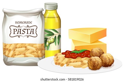 Penne pasta and meatballs with all ingredients illustration