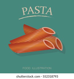 Penne pasta on the green background flat style realistic vector illustration for product package 