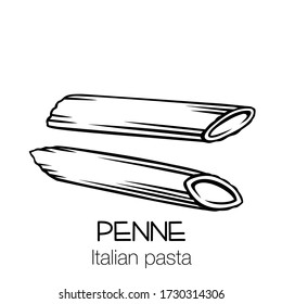 Penne pasta outline icon. Italian cuisine drawn badge. Retro style vector illustration.