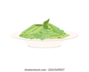 Penne pasta with pesto sauce, zucchini, green peas and basil. Italian food. Isolated on white background.