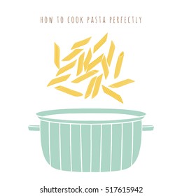 Penne pasta and the pot vector illustration. Hand drawn kitchen elements. How to cook pasta perfectly 