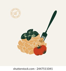 Penne pasta with tomato and basil. Italian food illustration