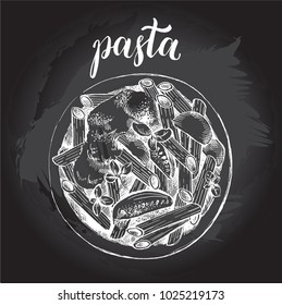 Penne pasta with tomatoes and basil. Dish of Italian cuisine. Ink hand drawn Vector illustration with brush calligraphy  lettering. Top view. Food element for menu design. Chalkboard style.