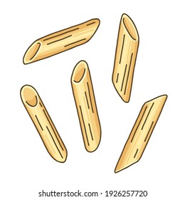 Penne rigate. Cylinder-shaped pasta. Vector illustration of Italian pasta on white background. Pasta shapes and types.