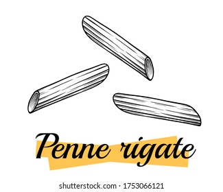 Penne Rigate, Italian pasta, traditional cuisine dish, vector illustration, drawing, engraving, ink, linear art. For packaging design, advertising, etc. 