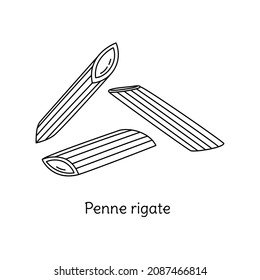 Penne rigate pasta illustration. Vector doodle sketch. Traditional Italian food. Hand-drawn image for engraving or coloring book. Isolated black line icon. Editable stroke