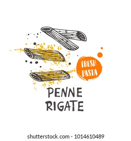 Penne rigate pasta. Italian cuisine. Logo, icon and label for your design. Hand drawn doodle vector illustration. Can be used for menu, cafe, restaurant, bar, poster, shop, food studio, emblem.