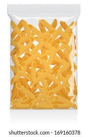 Penne Rigate Pasta Pack vector visual - clear plain flow wrap plastic or cellophane film / packet / packaging / wrapper / bag - Fully adjustable and scalable.