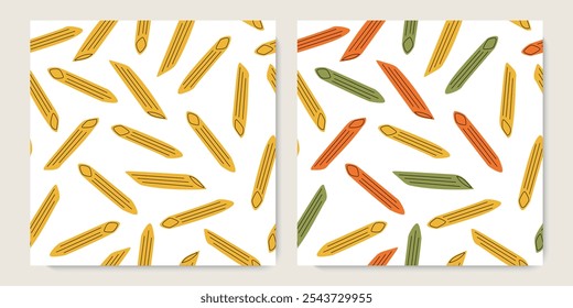 Massa Penne Rigate. Comida tradicional italiana. Vários tipos de macarrão, massa colorata, macarrão. Padrão sem emenda do desenho animado plano do vetor para têxtil, tecido, embalagem