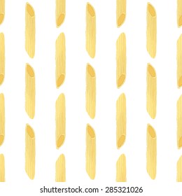 Penne rigate. Seamless pattern with italian pasta. Real watercolor drawing. Vector illustration. Traced painting