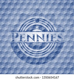 Pennies blue badge with geometric pattern background.