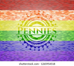 Pennies emblem on mosaic background with the colors of the LGBT flag