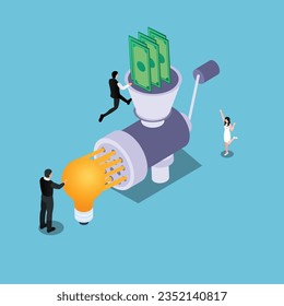 Pennies fall into a meat grinder and turn into an idea isometric 3d vector concept for banner, website, illustration, landing page, etc