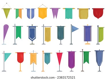 Pennon on pole icons set cartoon vector. Flag royal castle. Fabric pole stand