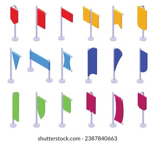 Pennon on pole icons set isometric vector. Flag vertical. Heraldic cloth fiber