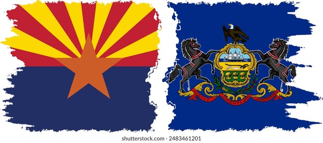 Pennsylvania and Arizona states grunge brush flags connection, vector