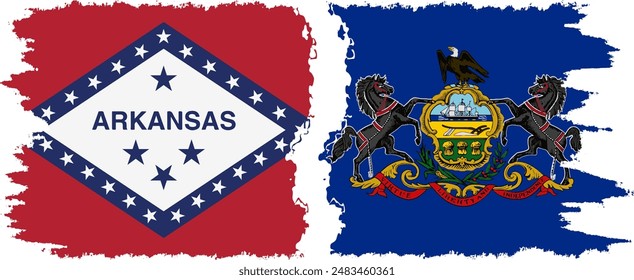 Pennsylvania and Arkansas states grunge brush flags connection, vector