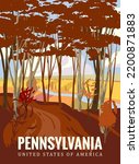 Pennsylvania Autumn park valley, forest trail, walkway, trees yellow foliage. Poster fall seasone