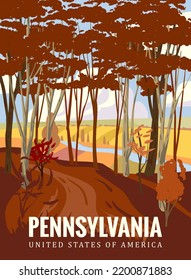 Pennsylvania Autumn park valley, forest trail, walkway, trees yellow foliage. Poster fall seasone