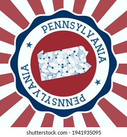 Pennsylvania Badge. Round logo of US state with triangular mesh map and radial rays. EPS10 Vector.