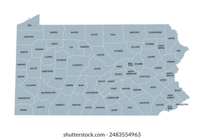 Pennsylvania counties, gray political map. Commonwealth of Pennsylvania, a state of the Mid-Atlantic and Northeastern United States, subdivided into 67 counties. Map with boundaries and county names.