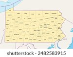 Pennsylvania counties, political map. Commonwealth of Pennsylvania, a state of the Mid-Atlantic and Northeastern United States, subdivided into 67 counties. Map with boundaries and county names.
