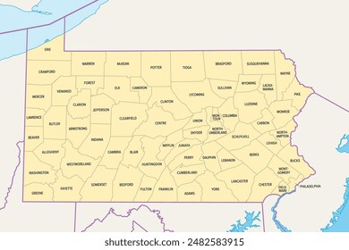 Pennsylvania counties, political map. Commonwealth of Pennsylvania, a state of the Mid-Atlantic and Northeastern United States, subdivided into 67 counties. Map with boundaries and county names.