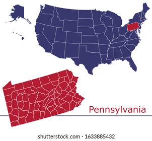 Pennsylvania counties vector map with USA map colors national flag