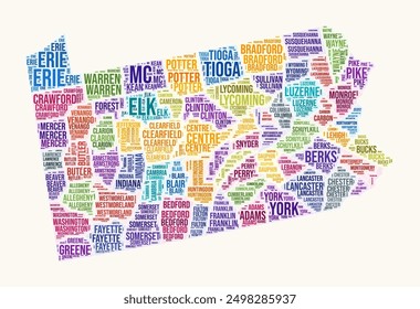 Pennsylvania counties word cloud. State logo design. Counties typography style vector image. Pennsylvania colored text cloud. Amazing vector illustration.